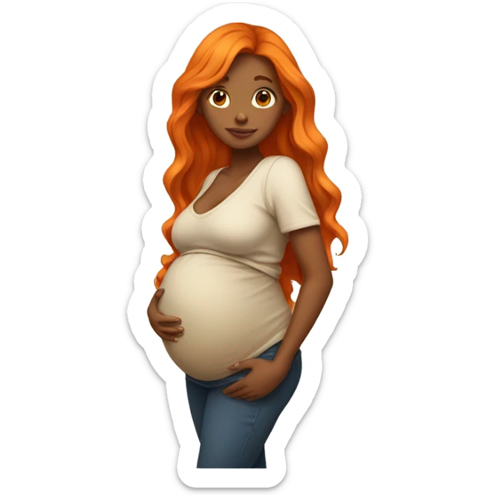 Tan girl with long orange hair holding pregnant stomach sticker