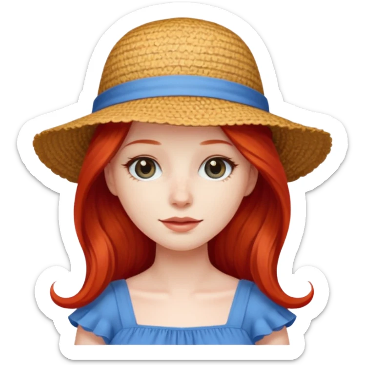 girl_wearing_summer_hat, red long hair, blue dress sticker