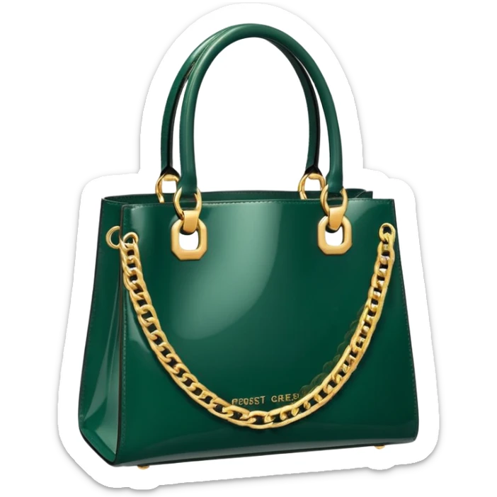 Realistic Luxury style forrest green patent leather tote bag, with detailed gold chains sticker