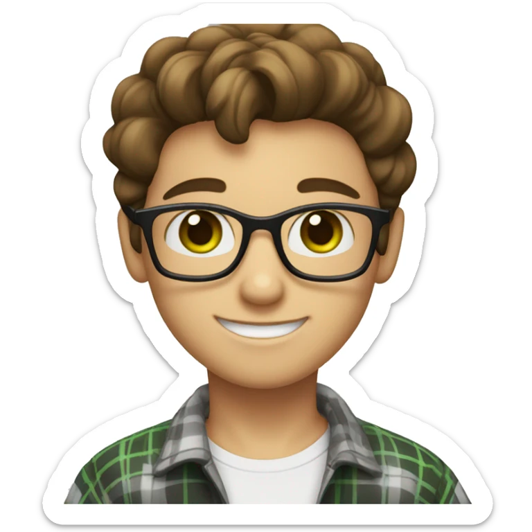 Draw a boy wearing glasses, a white t-shirt with a black and gray plaid shirt over it, he is smiling, he has white skin color, green eyes, and a nice hairstyle (dark brown hair). sticker