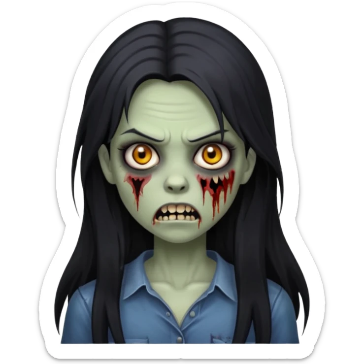 Girl zombie with black long hair with teeth and serious face IOS style sticker