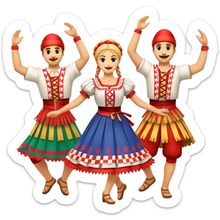 Cinematic Realistic Linđo Dance Emoji, depicted as a traditional Croatian folk dance with lively movements and colorful costumes, rendered with dynamic textures and vibrant festive lighting that captures its cultural vibrancy. sticker