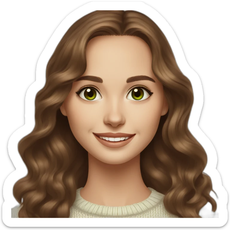 beautiful girl, white, with long loose wavy hair, brown hair, brown green eyes, looks like natalie portman, smiles at the camera, good teeth, white sweater, realistic drawing sticker