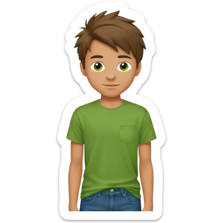 A 14 yerar old teenage boy, slightly tanned, wearing a green tshirt (no shirt pocket), blue jeans and green sneakers with brown tousled hair, smirking sticker