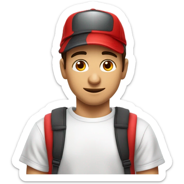 Hombre, masculino, joven de unos 30 a 40 años, de ascendencia latina, con una camiseta compuesta por bastones rojos y blancos de manera vertical y un gorra roja  sticker