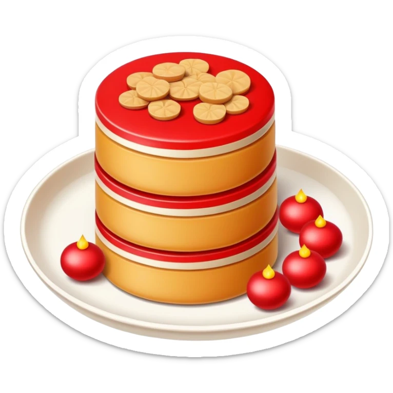 Chinese New Year Nian Gao sweet rice cake with red decorations, simplified emoji style with bold outlines and bright colors, cartoon style sticky new year dessert sticker