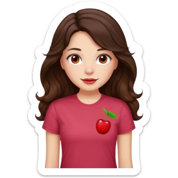 Brunette girl with long wavy hai length hair and blush, wearing cherry red tshirt sticker