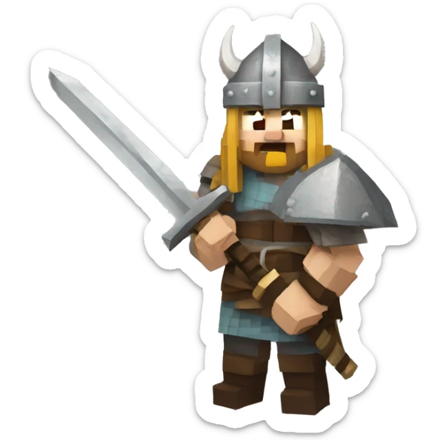Scandinavian Viking with a sword in his hand and an angry mood in Minecraft style sticker