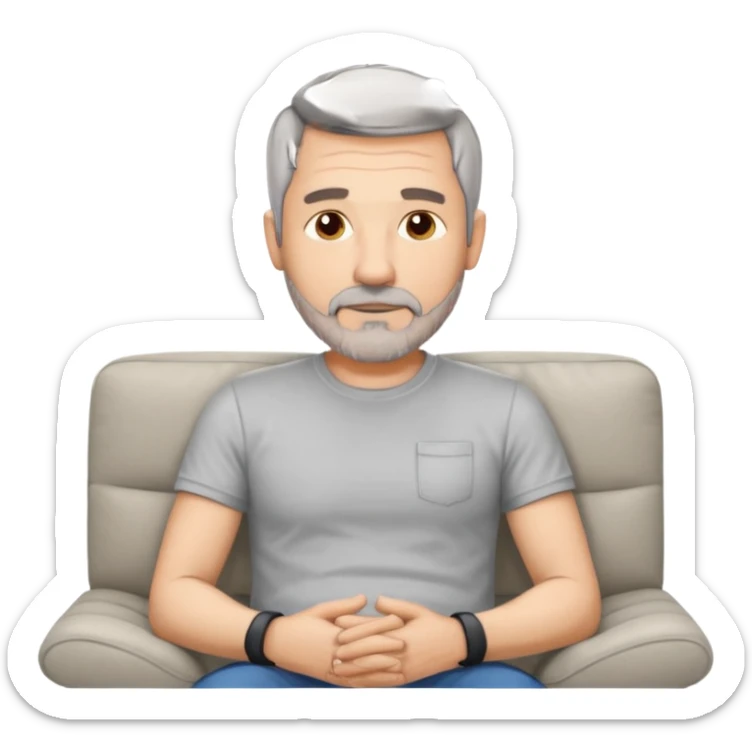 a 50 year man, short grey hair, stubble beard, laying on a ottoman of a light grey cord sofa, front view sticker