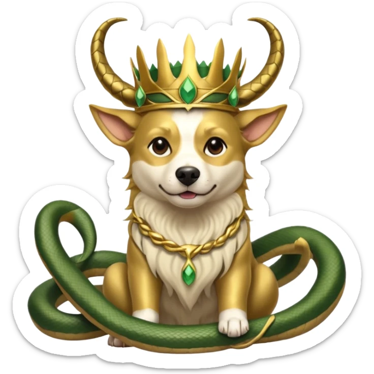 loki god of mischief as a dog. he as snakes. he wears a horned crown as the god himself.  dynamic pose sticker