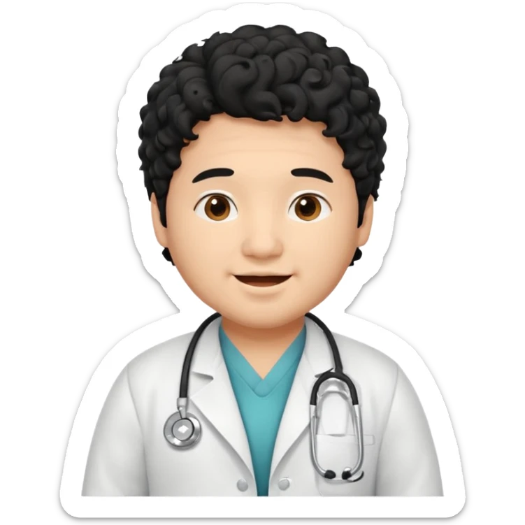 a young asian chubby male doctor with very black long curly hair and cheerful face without gpasses sticker