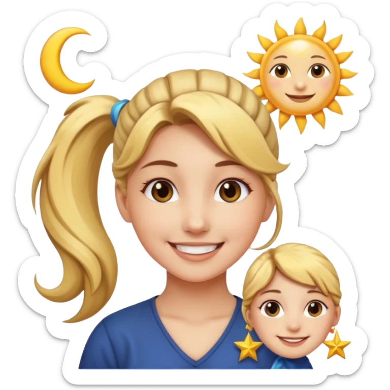 An Emoji of girl with ponytail, who can be described by three words: sun, moo, star sticker