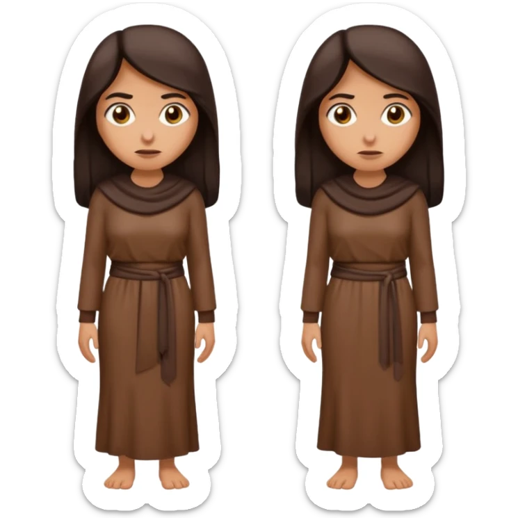 Cartoon emoji of a Middle Eastern-looking woman with long, loose dark hair, wearing chocolate-colored clothes. Full-height, standing, nervous, unsure, worried expression. Slightly hunched, anxious posture. Smooth, simple, stylized. sticker