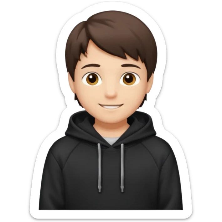 A brunette boy, short straight hair, light brown eyes, with a black sweatshirt with a hoodie, and smile  sticker