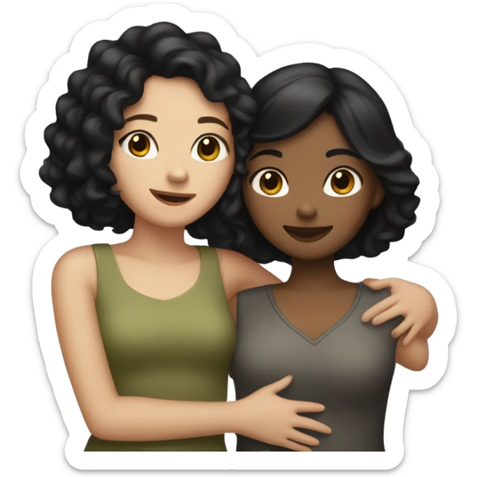 two girl best friends hugging black hair one olive skin, other pale skin sticker