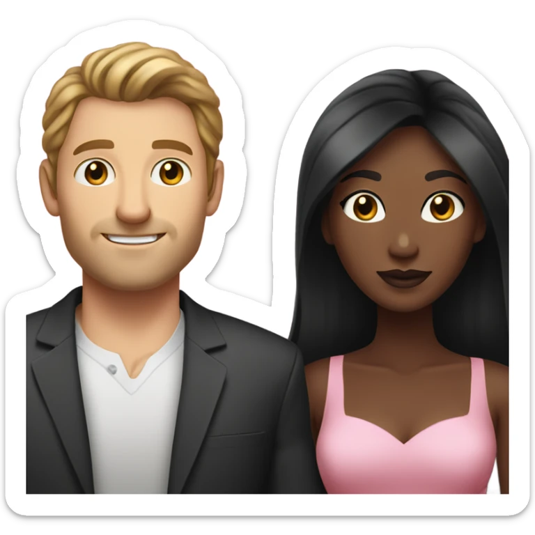 A handsome white man with long hair that is brown and a pretty black woman who has long black hair and she is wearing a pink dress and they are a couple sticker