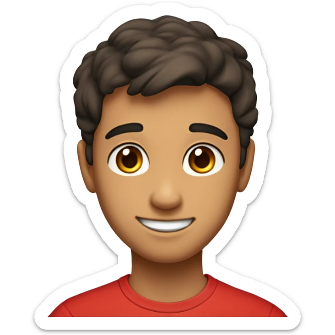 A close-up of a boy with short dark brown hair, thick eyebrows, brown eyes, and a round face with dimples. He is slightly smiling, wearing a red t-shirt, and the background includes a window with blinds and natural lighting. sticker