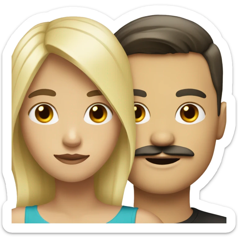 blonde girl with white boy with very dark hair and a mustache sticker