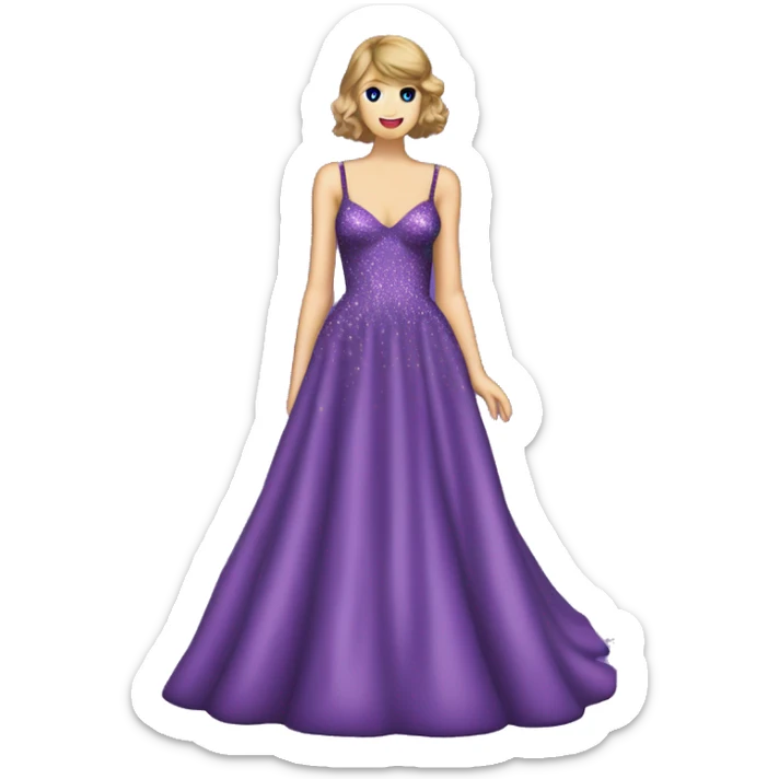 Taylor swift wearing purple bawl gown length dress that has glitter all over it  sticker