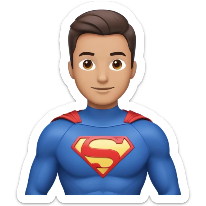 Emoji-style illustration of a friendly man in a blue superhero suit. The suit is sleek and modern, with a large empty space on the chest for a logo. The man has a cheerful expression, clean-shaven face, and a confident but kind pose. Bright, minimalistic design with clear lines and expressive features. sticker