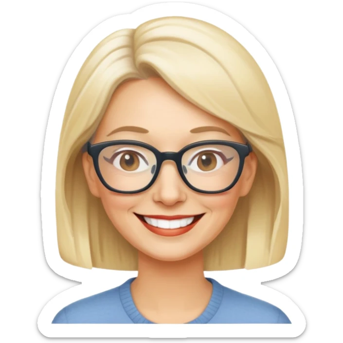 side profile of an attractive older blonde woman with glasses, smiling sticker