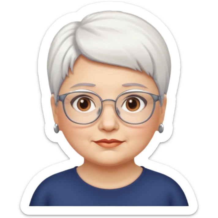 Create me emoji of an old mid-fat lady. Short white hair to left side. Square glasses. Brown eyes. Without any earrings on her ears. Long head sticker