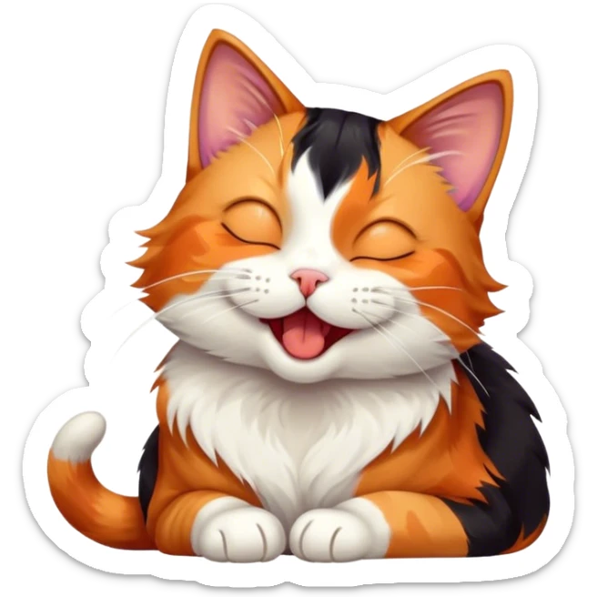 Cinematic Cute Yawning Calico Cat Portrait Emoji, Head tilted mid-yawn with a charming, relaxed expression, showcasing a soft patchwork fur of vibrant orange, black, and white, simplified yet irresistibly adorable, highly detailed, glowing with a cozy, gentle radiance, high shine, exuding sleepy yet endearing charm, styled with a soft glowing outline, capturing the essence of a calico cat caught in a delightful yawn that seems ready to cuddle up for a nap! sticker