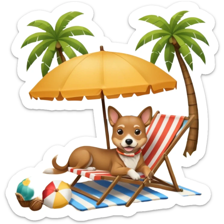 a dog laied on a beach chair, a sunny beach, a sun umbrella, and beach coconut trees. the icon should capture the essence of a relaxing beach vacation with a carefree atmosphere sticker