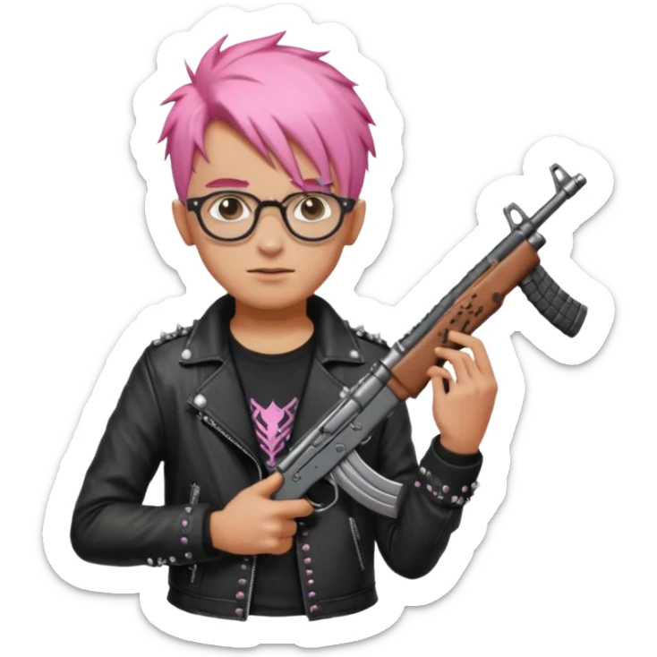 A punk guy with pink hair, wearing Harry Potter glasses, and holding an AK-47 sticker