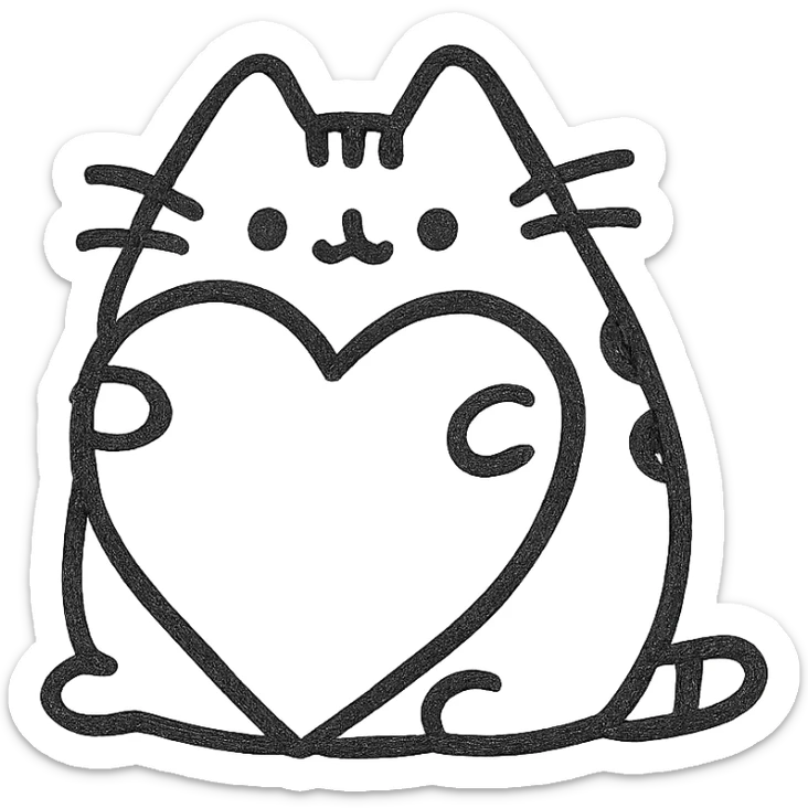 Pusheen hugging a big heart, pastel colors, adorable, hand drawn black outline style sticker