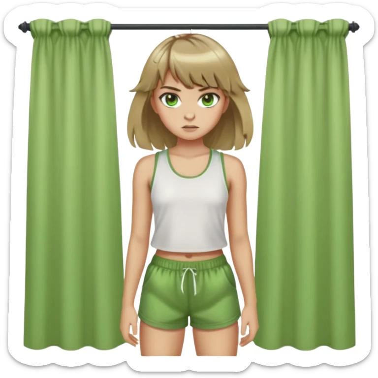 create an emoji of a feirce looking girl with light green siren eyes, dark blonde hair with curtain bangs, wearing an outfit kind of like lara croft sticker