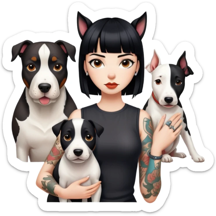 girl with long black  straight bangs hair with tattoo and a Springer dog  and  bull a terrifying dog sticker
