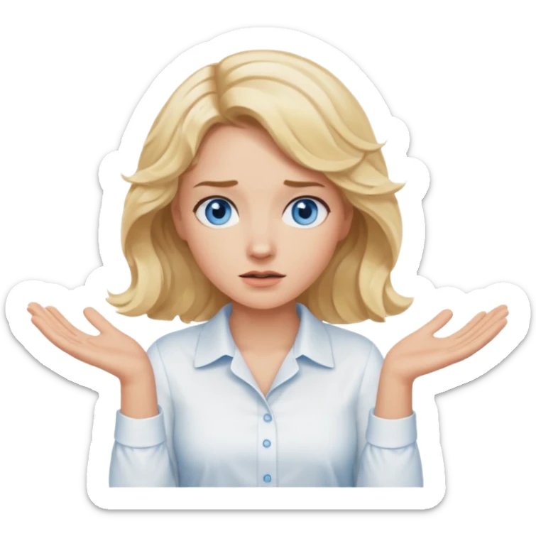 A woman with wavy blonde hair and blue eyes shrugging emphatically sticker