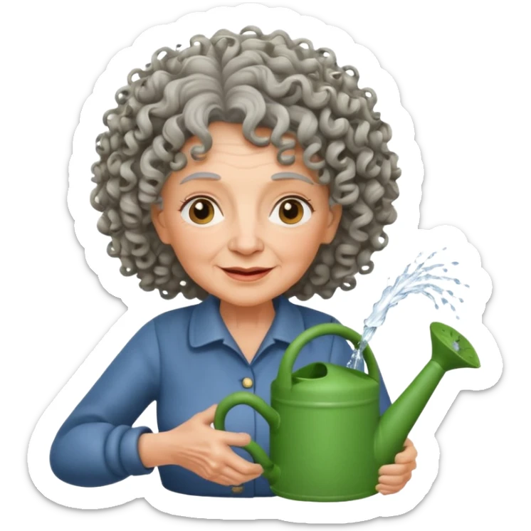 Older female florist – curly hair, hold garden watering pot sticker