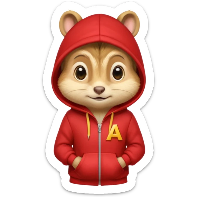 Portrait of a cartoon chipmunk with light brown and beige fur, wearing a red hoodie with a yellow 'A' on it, big round eyes, small nose, and a mischievous grin, front-facing, stylized in animated movie style sticker