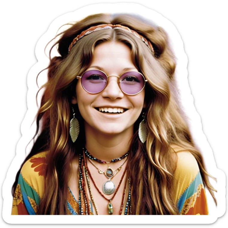a portrait of janis joplin, focusing on her upper half. she has long, wavy hair with a free-spirited, messy style, round glasses, and a warm, infectious smile. she’s wearing layered bohemian jewelry, colorful clothing, and a feather in her hair, exuding her iconic 60s rock-and-roll vibe. the background is vibrant and slightly psychedelic sticker
