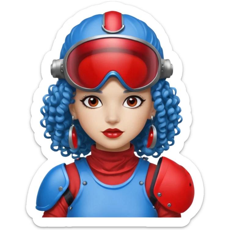 blue curly girl with huge earrings wearing red paintball helmet with eye protection, only face  sticker