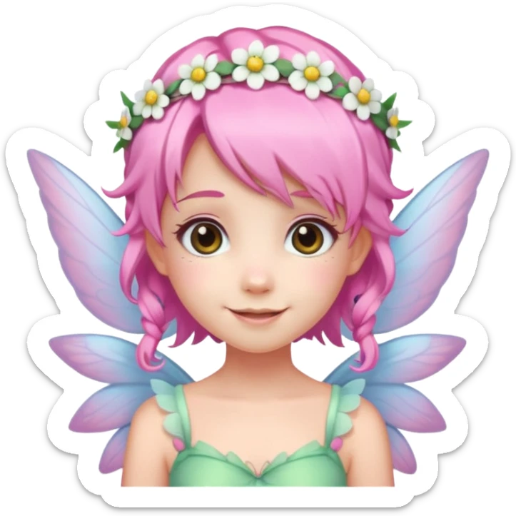 A tiny pastel fairy with pink hair with glowing wings and a sweet smile and tiny flower crown
 sticker