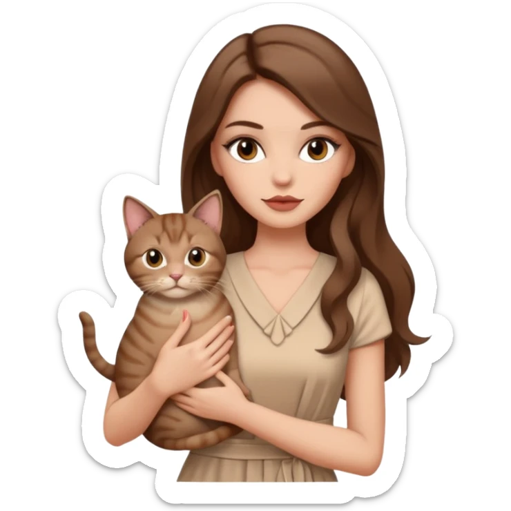 Stylish white woman with long brown hair with makeup in beige dress holding a cat sticker