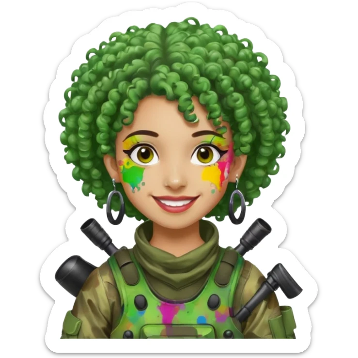 green curly haired painitball player with big earrings guy shot with lots of colors sticker