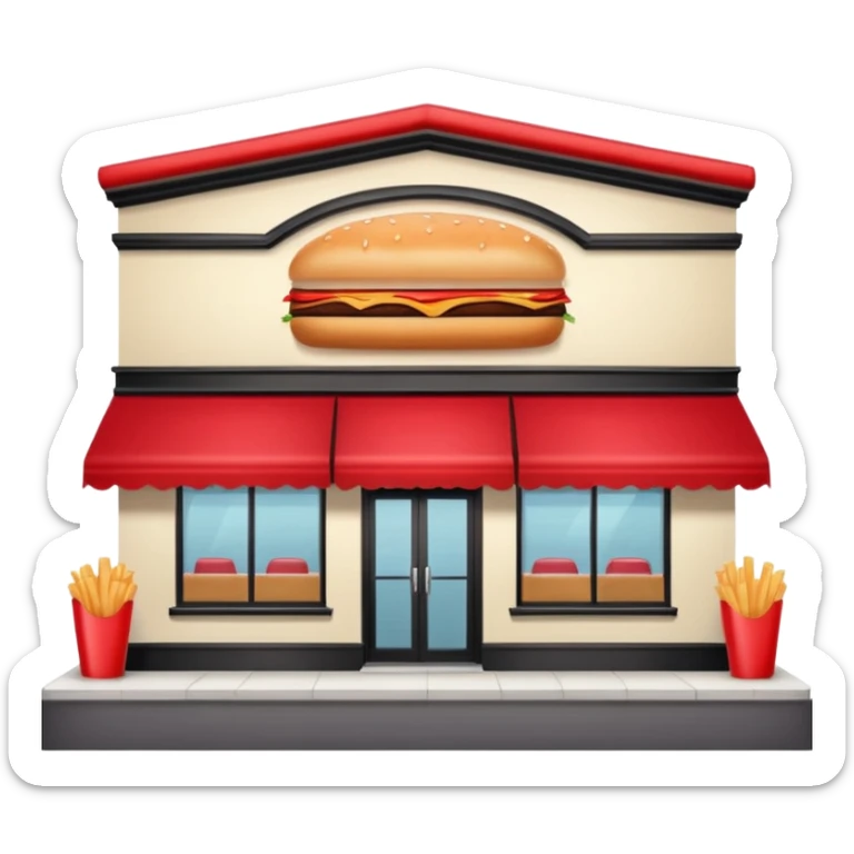 front of fast food building with awning, windows, and a glass door in the center. The building is a creme color with no decorations sticker