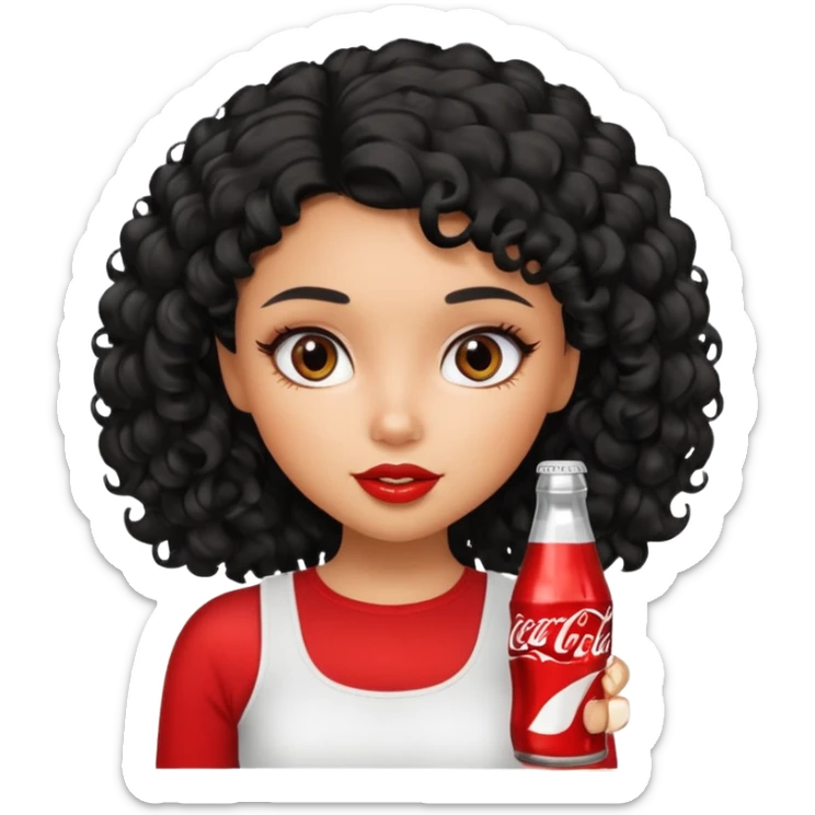 a pretty tan bratz girl with black curly hair drinking coca cola. no makeup. white top sticker