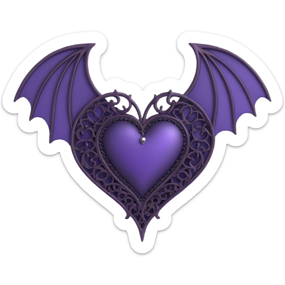 gothic heart, deep purple satin, ornate silver filigree, black lace trim, faint purple glow, with a bat wing accent sticker