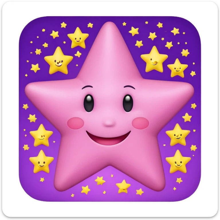 cute pink star with a smiley face, surrounded by small yellow stars, purple background sticker