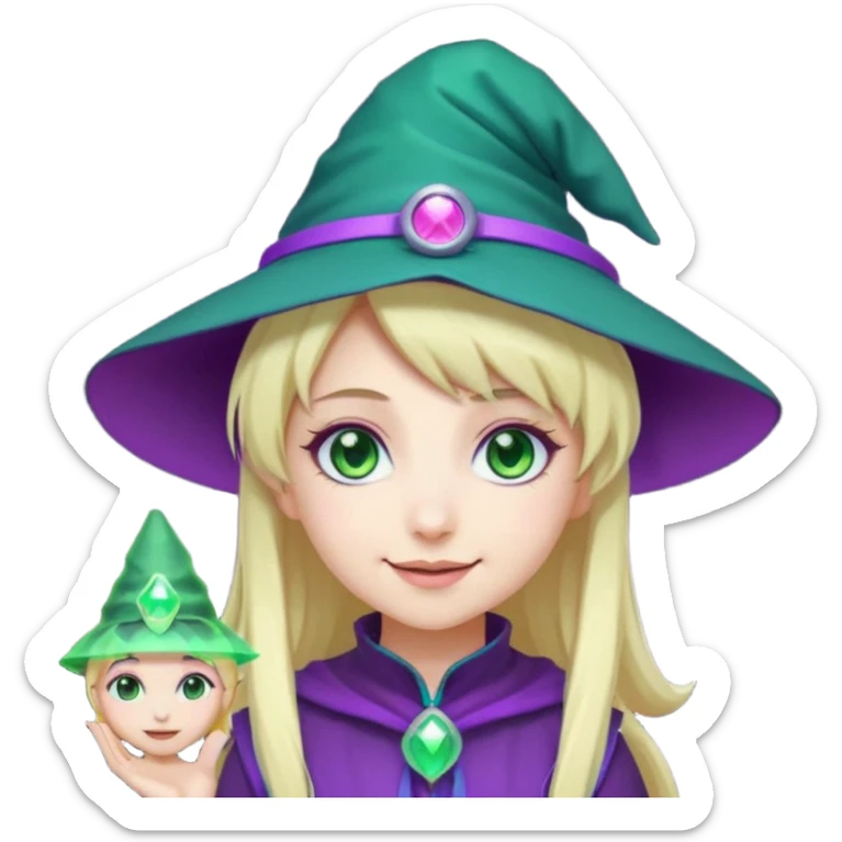 Make a blonde girl with green glowing headset on with teal eyes and a purple haired girl with green eyes waering a purple wit hes hat haveing fun , make them a chibi emoji page anime style sticker