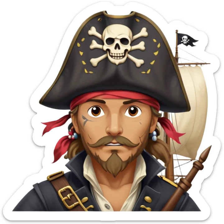 clash-of-clans-aesthetic_-cinematic-focused-pirate-bust-portrait-emoji, head slightly tilted with a determined, roguish expression and bold features, featuring a compact, spirited build with a jaunty hat and quirky bandana on tan skin, at the helm of a grand sailing ship complete with billowing sails and a tattered Jolly Roger flag fluttering dynamically in a tempestuous sea breeze. sticker