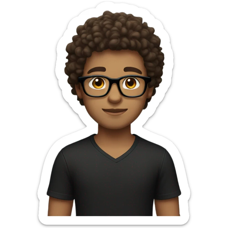 A boy with brown curly hair and black glasses with brown eyes and a black shirt with white skin sticker