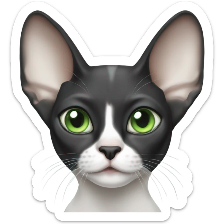 black and white sphinx cat with green eyes and a white spot on the mouth  sticker