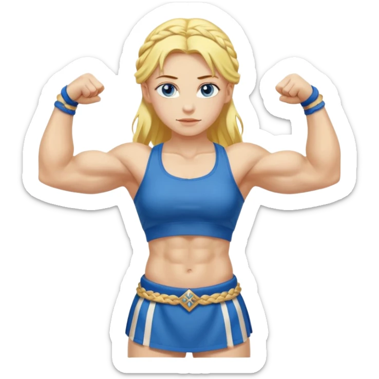 slavic girl, medium size yellow hair, flexing muscles, full body, muscled, with traditional slavic outfit, blue eyes sticker