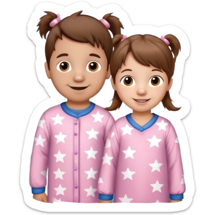 A toddler girl with brown hair with two pig tails, wearing pink pajamas with white stars on them. With a 4 year old boy with spikey brown hair, wearing blue pajamas with white stars on them. Both light skin and smiling. sticker